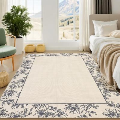 Garvee Floral Imitation Linen Bordered Area Rug