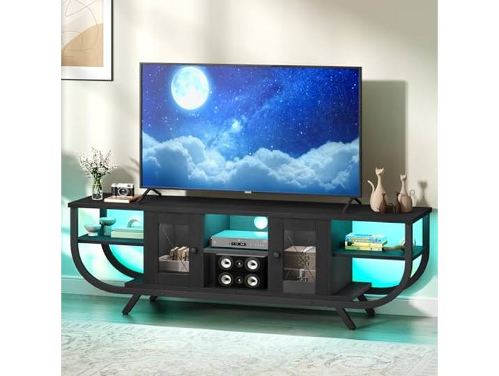 YITAHOME Industrielles TV-Schrank, TV Lowboard für Fernseher bis zu 55 Zoll mit LED-Beleuchtung,Wohnzimmer Fernsehschrank TV Board mit Offenen Stauraum (Schwarz, 140CM)