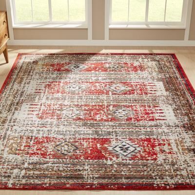 Porch & Den Quinault Distressed Red Stripe and Diamond Area Rug