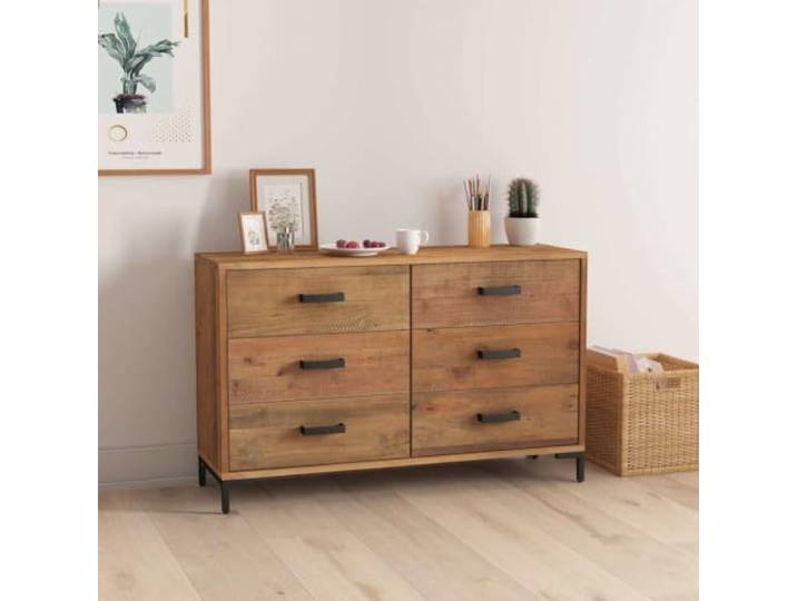RJPLMFV Anrichte, braun, massives Kiefernholz, 110 x 35 x 70 cm 6 Schubladen zur Aufbewahrung, stabile Metallfüße, Vintage, Industriestil, Wandbefestigung inklusive