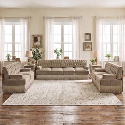 GDFStudio - Chesterfield 3-Piece Velvet Upholstered Sofa Set with Button Tuft & Tassel Skirt