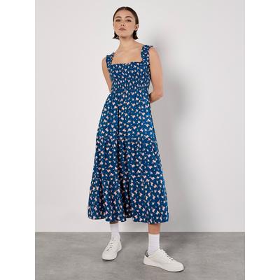 Midikleid APRICOT "Florales Midikleid", Damen, Gr. L (40), N-Gr, blau, gewebt, Obermaterial: 100% Viskose CV., geblümt, normal, Kleider Midikleid, mit Smokdetails