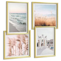 BILDER SET 4er Set - 50x50 cm & 40x60 cm Goldrahmen - Pflanzen, Meereswellen, Aussicht, Häuser