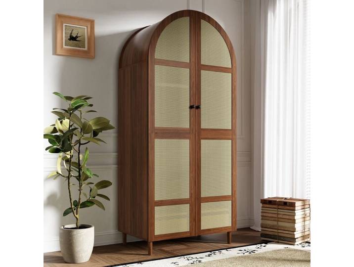 Armoire Moderne Portes Incurvées Rotin - 80x50x179 cm - Penderie & Tiroirs - Rangement Chambre/Entrée - Noyer