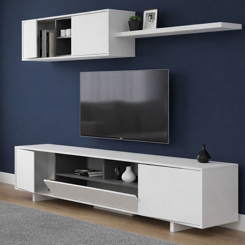 Dmora Mueble alto efecto madera blanco brillo 200x41h46 cm