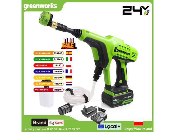 Greenworks 24V nettoyeur haute pression 600 PSI 400W laveuse de voiture auto-amorçante Portable laveuse Rechargeable 4.0Ah batterie et chargeur