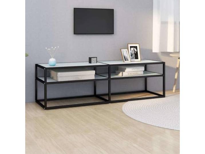 HEFZGDB TV-Schrank Weiß Marmor-Optik 140x40x40,5 cm Hartglas, Moderner TV-Tisch mit Stahlrahmen und Ablagefläche, Robuster Glastisch für Wohnzimmer, Praktisches TV-Möbel mit hoher