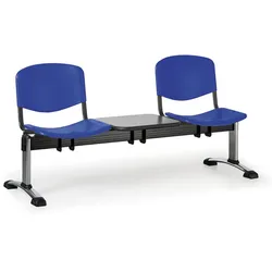 Kunststoff-Wartezimmerbank, Traversenbank ISO, 2-sitzig + Tisch, blau, verchromte Füße