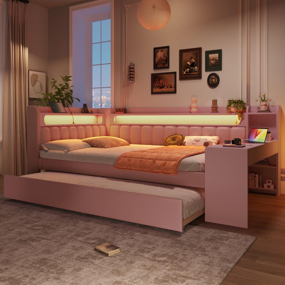 Gepolstertes 140x200 Tagesbett mit USB-Anschlüssen und LED-Gürtel, mit Ausziehbett und Schreibtisch, Rosa