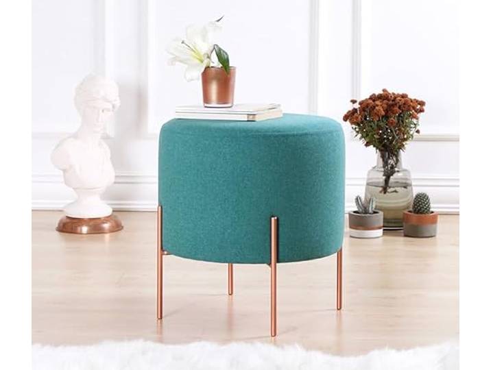 Bohème-Pouf mit kupferbeschichteten Eisenbeinen, Hellgrün, 42 cm hoch, 40 cm tief 50 % Baumwolle & 50 % Leinen, 5 cm orthopädischer Schaumstoff Stilvoll & bequem für Hotel & Zuhause