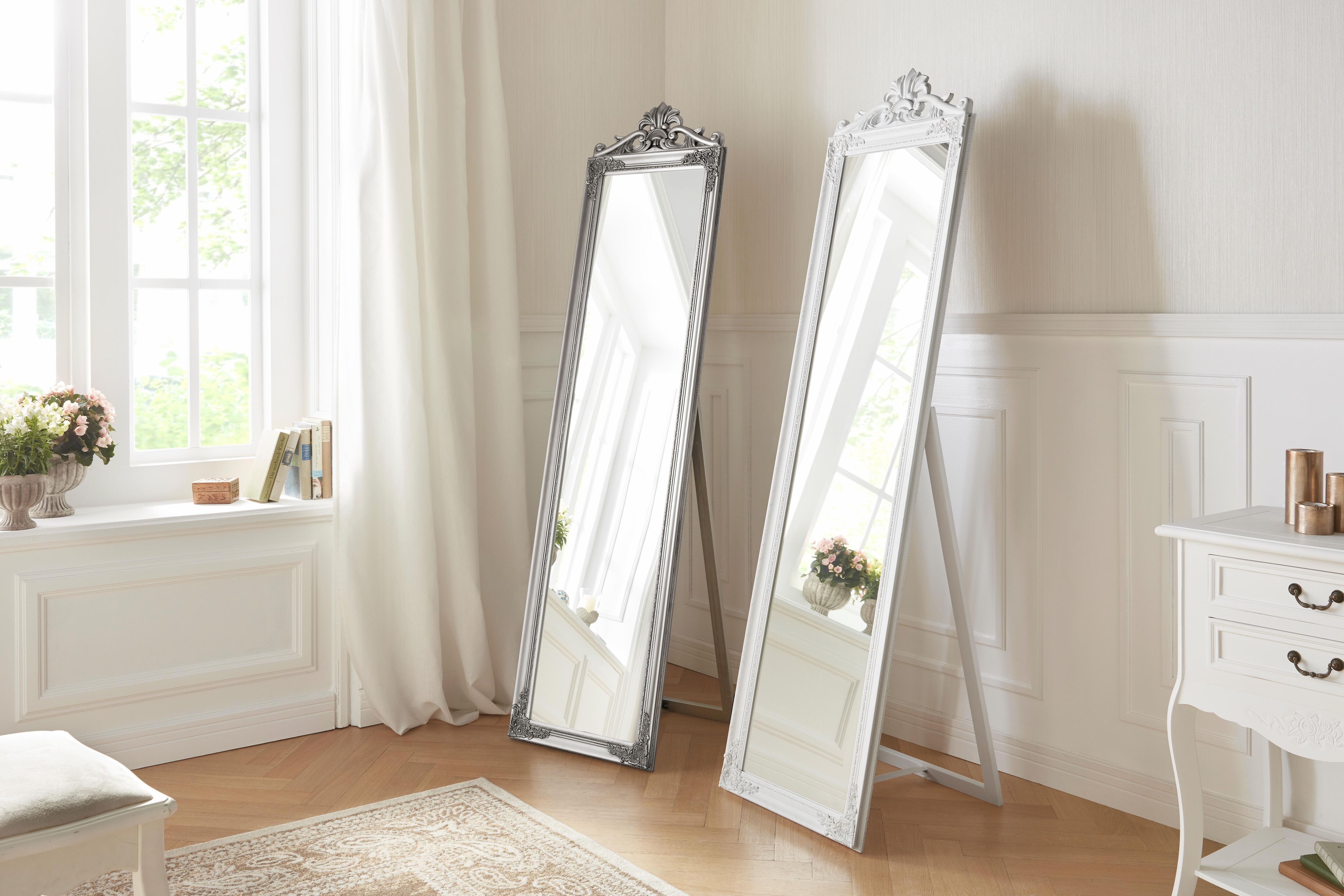 Dekospiegel GOODPRODUCT "King, Ganzkörperspiegel Barock Antikstil", weiss (weiß), B:45cm H:180cm T:6cm, Glas, Spiegel, Dekospiegel, Standspiegel mit aufwendigen Verzierungen, HxB: 180x45 cm weiß B/H/T: 45cm x 180cm x 6cm