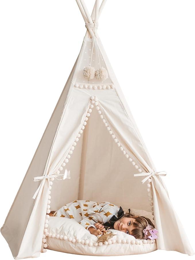 Kinder Tipi-Zelt - sehr strapazierfähiges, originales Tipi-Zelt aus naturbelassenem Canvas - Spielzelt mit Bommel-Verzierungen für Kinder