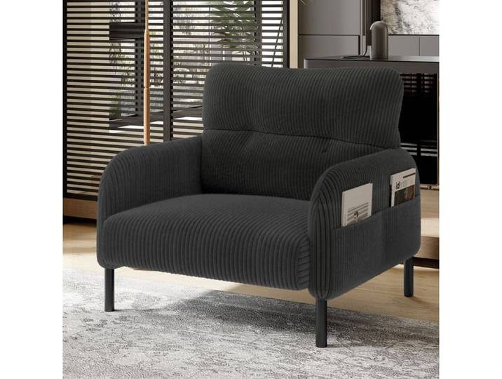 Fauteuil 1 place en cord gris – poche latérale structure métal