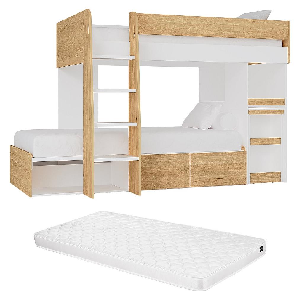 Etagenbett mit Schreibtisch & Stauraum - 2 x 90 x 190 cm - Holzfarben & Weiß + Matratze - LOMIDEN