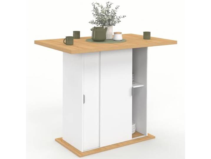 IDMarket - Mittelinsel für 4 Personen Paxton 110 cm Mittelfuß mit Stauraum aus weißem Holz mit Arbeitsplatte in Buchenholzoptik