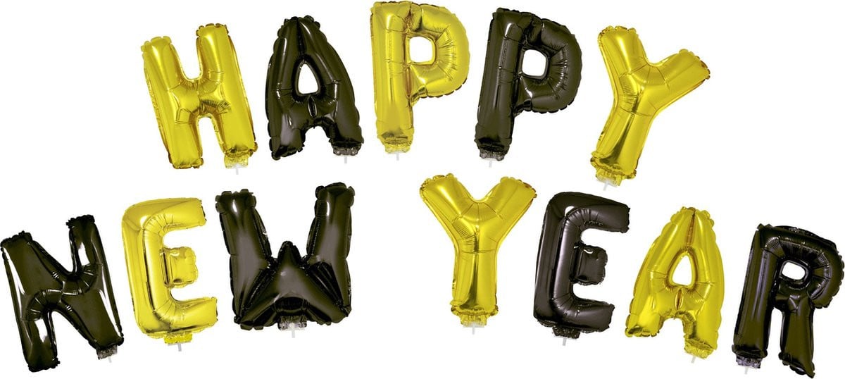 Folieballon Set Happy New Year Zwart/Goud voor volwassenen