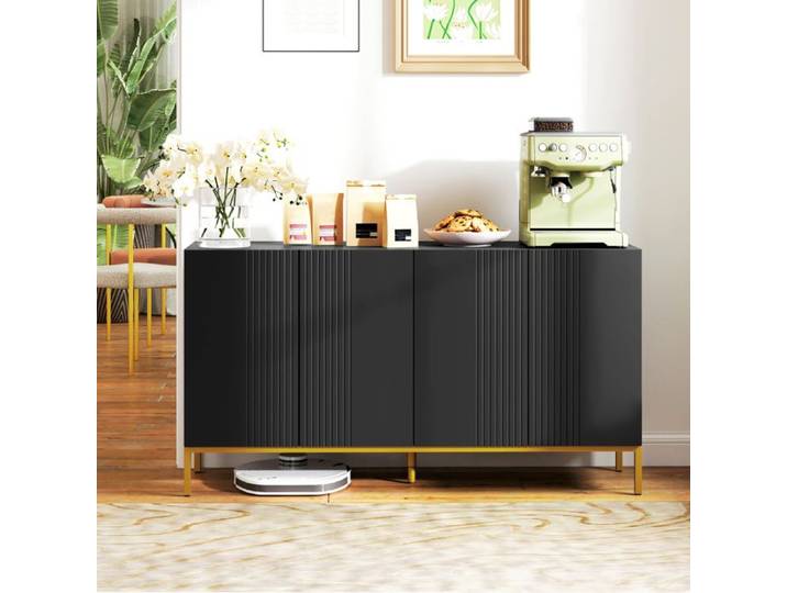 MOTHINESSTO4156-Buffet design contemporain graphique 2 placards porte étagères réglables en bois noir métal doré