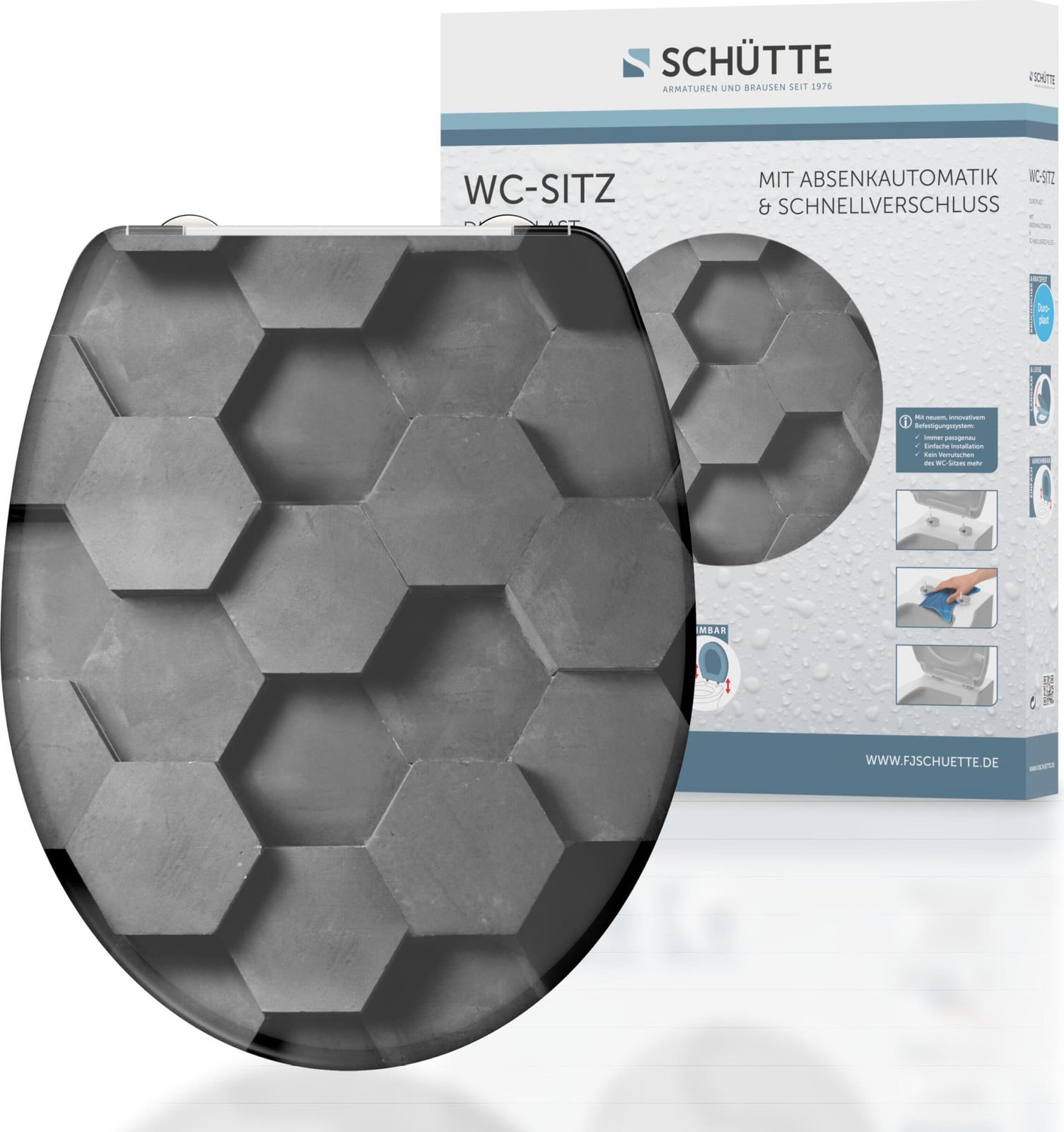 Schütte WC-bril Grey Hexagons van duroplast met zacht sluitmechanisme en snelkoppelingssysteem