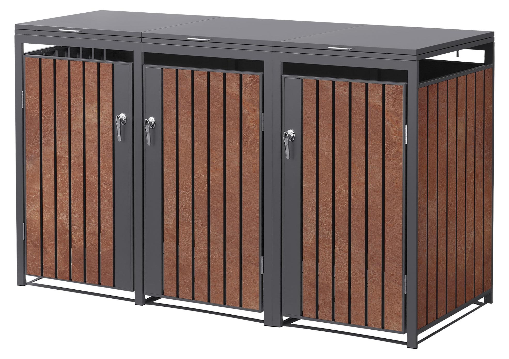 ML-Design Mülltonnenbox 3er Mülltonnen, 240L, 200x80x120 cm, Anthrazit-Rostoptik, Stahl, Wetterfest, Abschließbare Mülltonnenverkleidung Müllbox