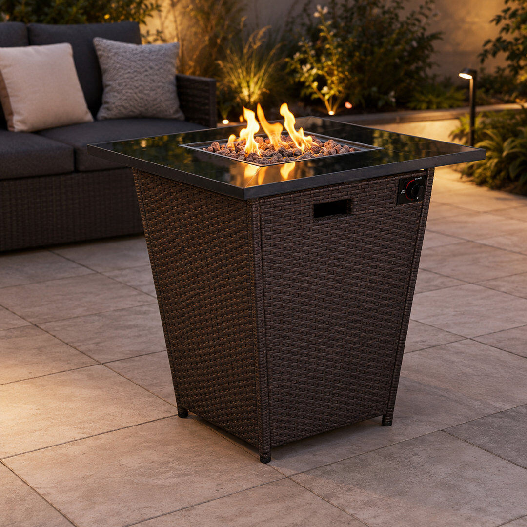 Teamson home Teamson 76cm Propane Gas Fire Pit Table with Rattan Base, 40,000 BTU Outdoor Patio Heater, Glass Wind Guard, Hidden Propane Tank Storage for Garden Dark Brown/Black 73cm H X 76cm W X 76cm D
