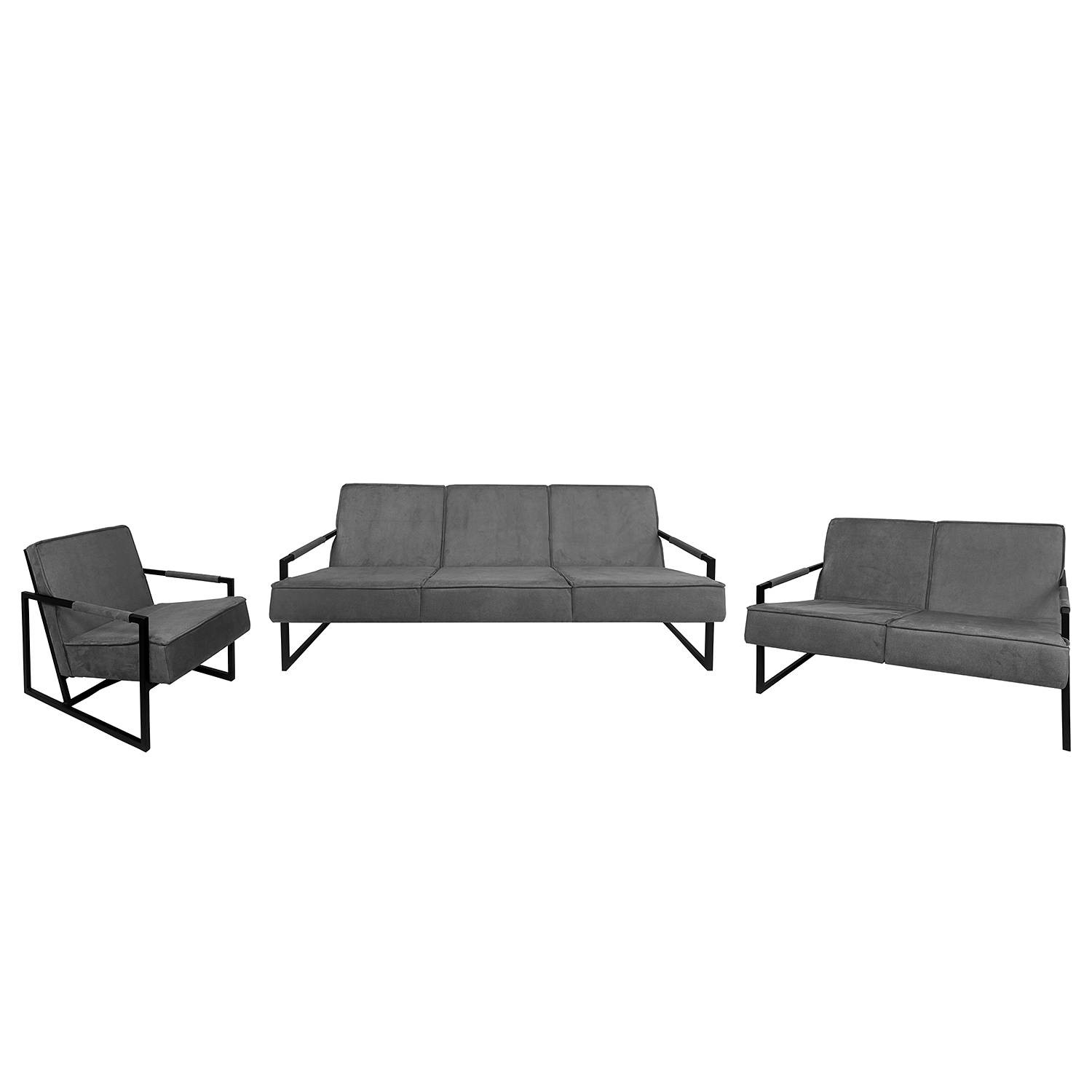home24 Manchester IV Bankstellen Set 3-2-1 Grijs Microvezel Industrial Stijl