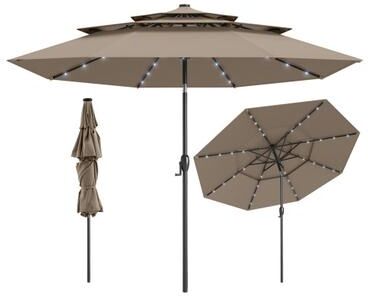 Costway 10 Feet Solar Patio Umbrella with 32 LED Lights 3-Tier Vented Top-Taupe