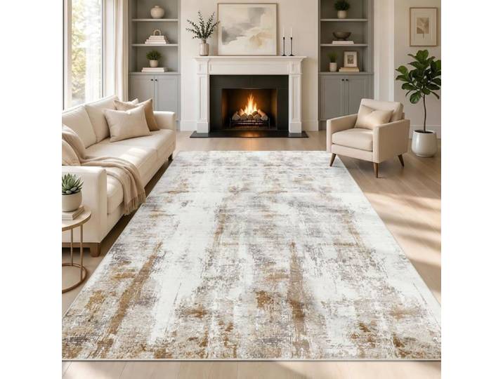 Tapis Salon 160x230cm Grand Tapis de Salon Lavable en Machine Beige Marron Moderne Poil Ras Doux Antidérapant Tapis Chambre Salle