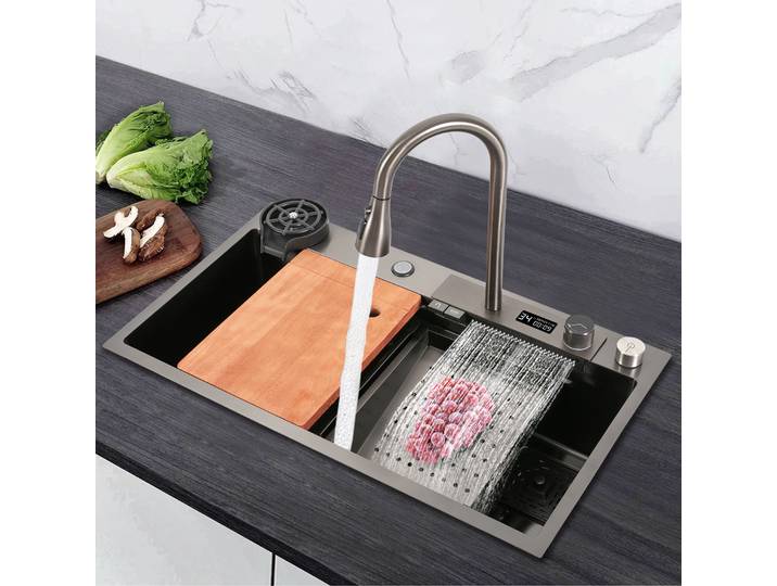 Évier de cuisine à cascade avec affichage numérique, en acier inoxydable 201, évier multifonctionnel avec robinet extractible, 80x46x20cm