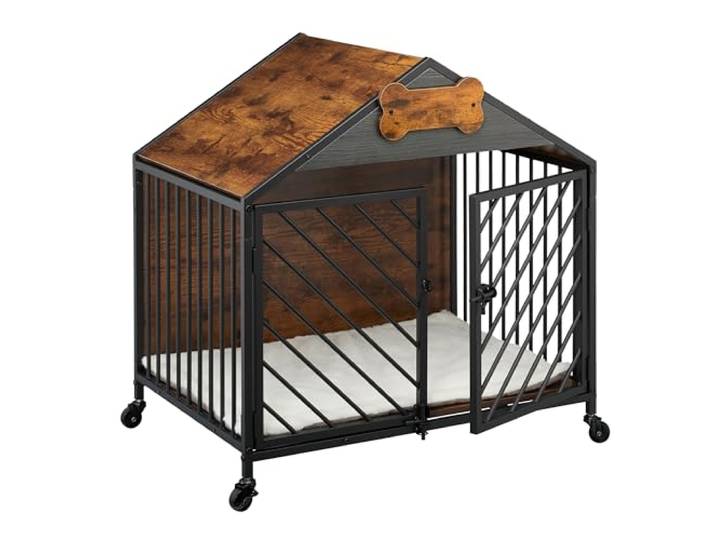Relaxdays Cage pour Chien Style Industriel pour la Maison\, 73x70x53 cm\, roulettes\, MDF/Acier\, Brun/Noir