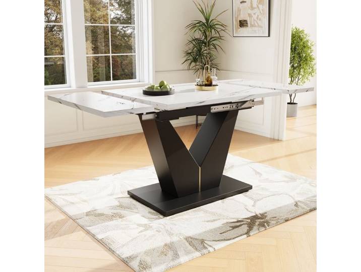 Table à Manger télescopique Extensible (99-159×75cm)- Table de Cuisine Noire avec Pieds -Table à Manger en marbre Blanc