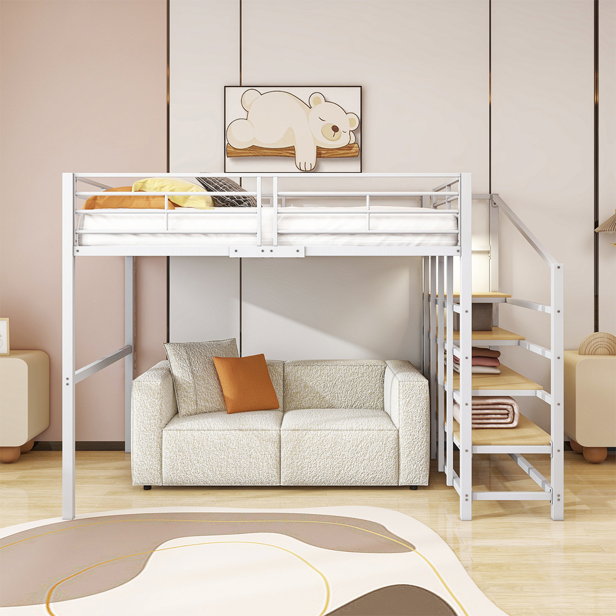 Hausbett mit Geräumigem Stauraum und Treppe Hochbett Metallkonstruktion Kinderbett Einzelbett für Kinder 140 x 200cm