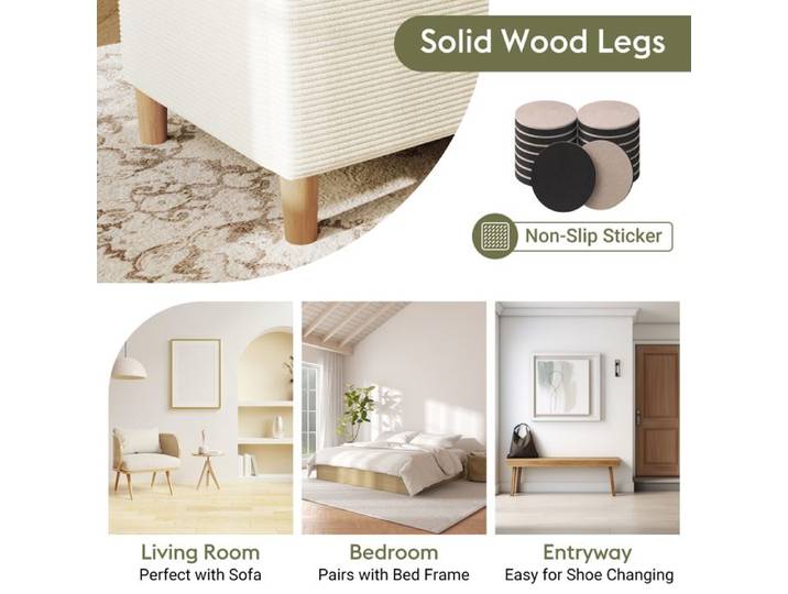 Banquette coffre - ZEVKOR - Banquette coffre 1 - 165 cm - Tissu côtelé beige - Pieds bois massif