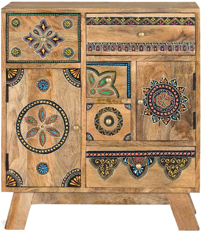 Pharao24.de Holzkommode Kommode Massivholz mit Ornament Muster und Vierfußgestell