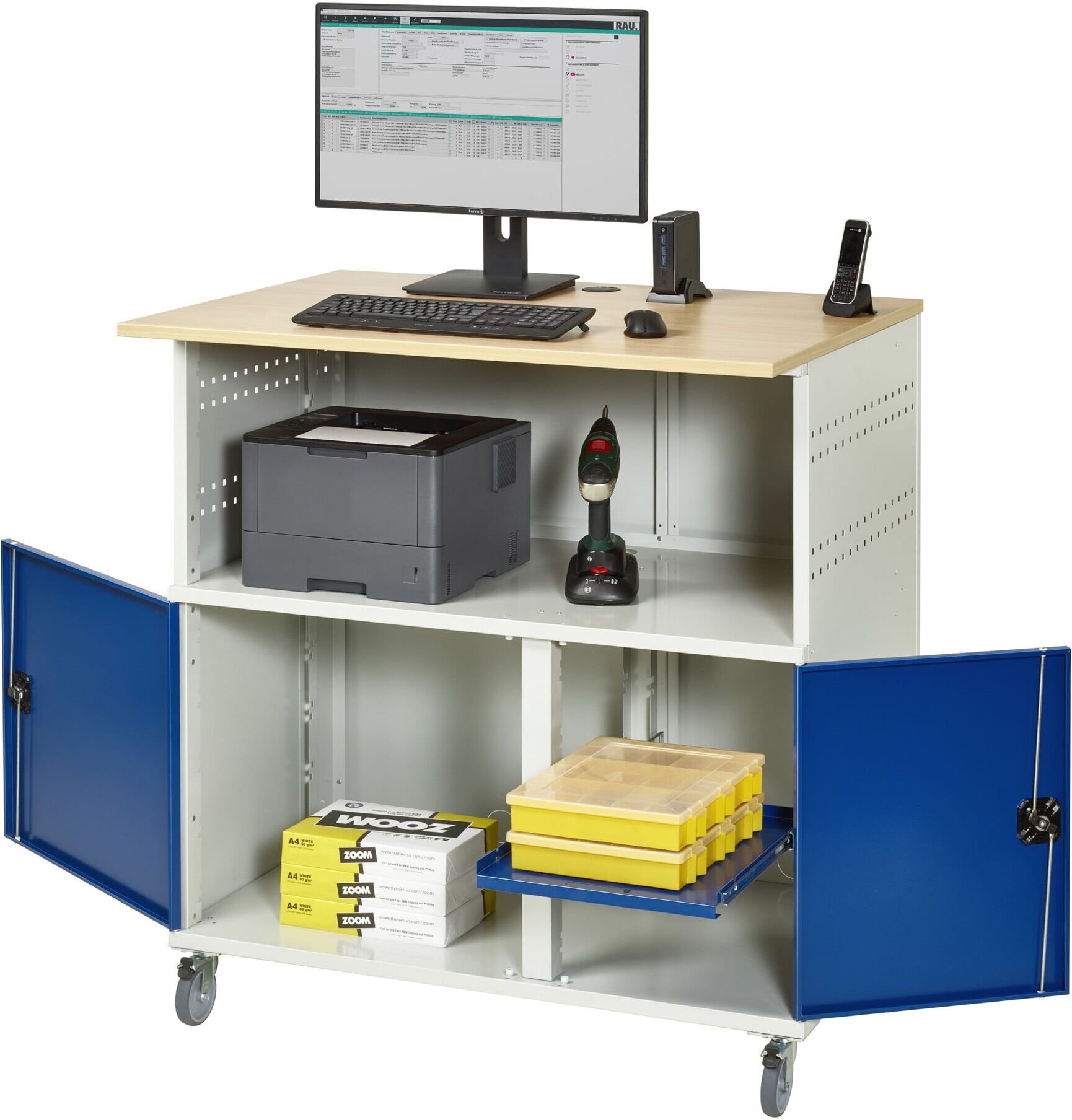 Rau Computer-Tisch ohne Monitorengehäuse mobil aus Stahlblech/Holz, BxTxH 1100x800x1100mm, 07-1023F.11)