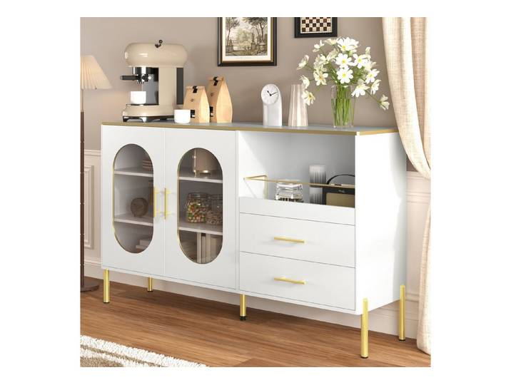 IDEASY Sideboard Sideboard weiß/gold mit 2 Schubl. & Glasfronten, Stauraum Kommode für Wohn- & Esszimmer