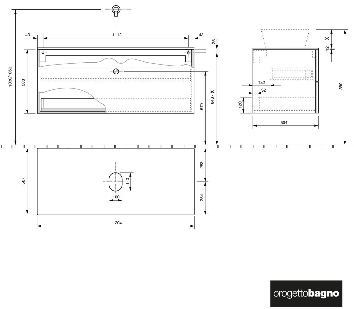 progettobagno Elba Modular Glass Waschtischkonsole 120 cm ohne Hahnlochbohrung