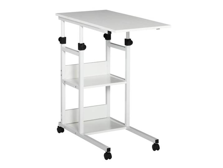 Homcom Beistelltisch Couchtisch mit Rollen höhenverstellbar 2 untere Regale Esszimmer, Weiß, Kunststoff, 40x82x80 cm, Wohnzimmer, Wohnzimmertische, Beistelltisch
