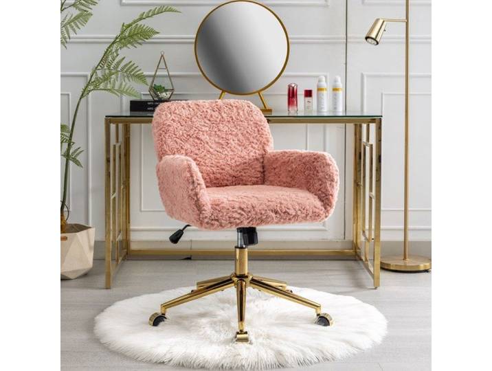 Chaise de bureau de vanité de cheveux de lapin faux moelleux chaise de bureau à domicile pivotante à 360 ° réglable en hauteur rose