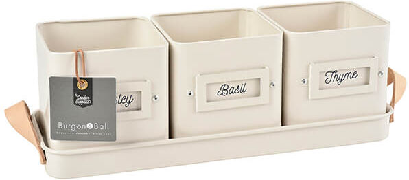 Burgon & Ball 3 Herb Pots in a Leather Handled Tray - Stone