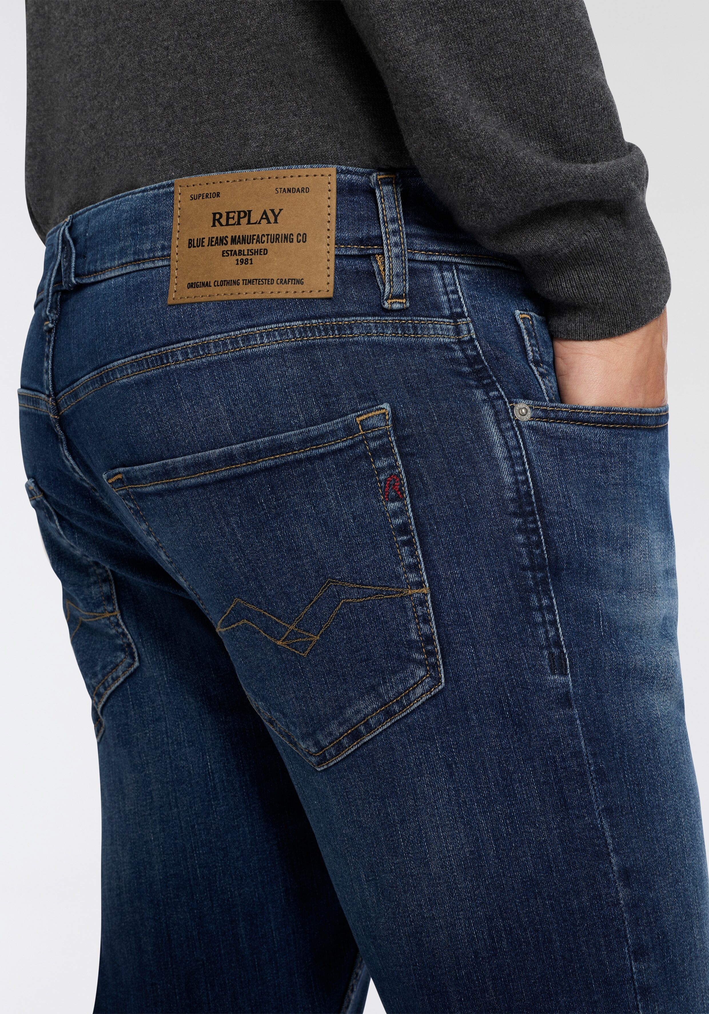 Slim-fit-Jeans REPLAY "MICKYM", Herren, Gr. 32, Länge 34, dunkelblau, Denim/Jeans, Obermaterial: 99% Baumwolle, 1% Elasthan, slim fit normal, Jeans Slim-fit-Jeans, Tapered, 5-Pocket-Stil dunkelblau 32, Länge 34