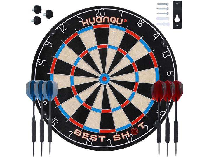 Cible de fléchettes en sisal Huanqu de 18 pouces avec 6 fléchettes et tableau de scores, cible triangulaire pour un score précis, cible de fléchettes universelle pour le divertissement familial et
