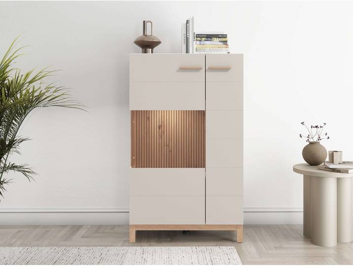 Highboard HOME AFFAIRE Essex, Hochkommode, Vitrine, Glasvitrine, Kombi-Highboard , beige (kaschmir), B:77cm H:127,5cm T:35cm, Holzwerkstoff, Kunststoff, MDF, Metall, Sideboards, Highboard, Modernes Highboard in Kaschmir mit Glasfront & Lamellen-Optik