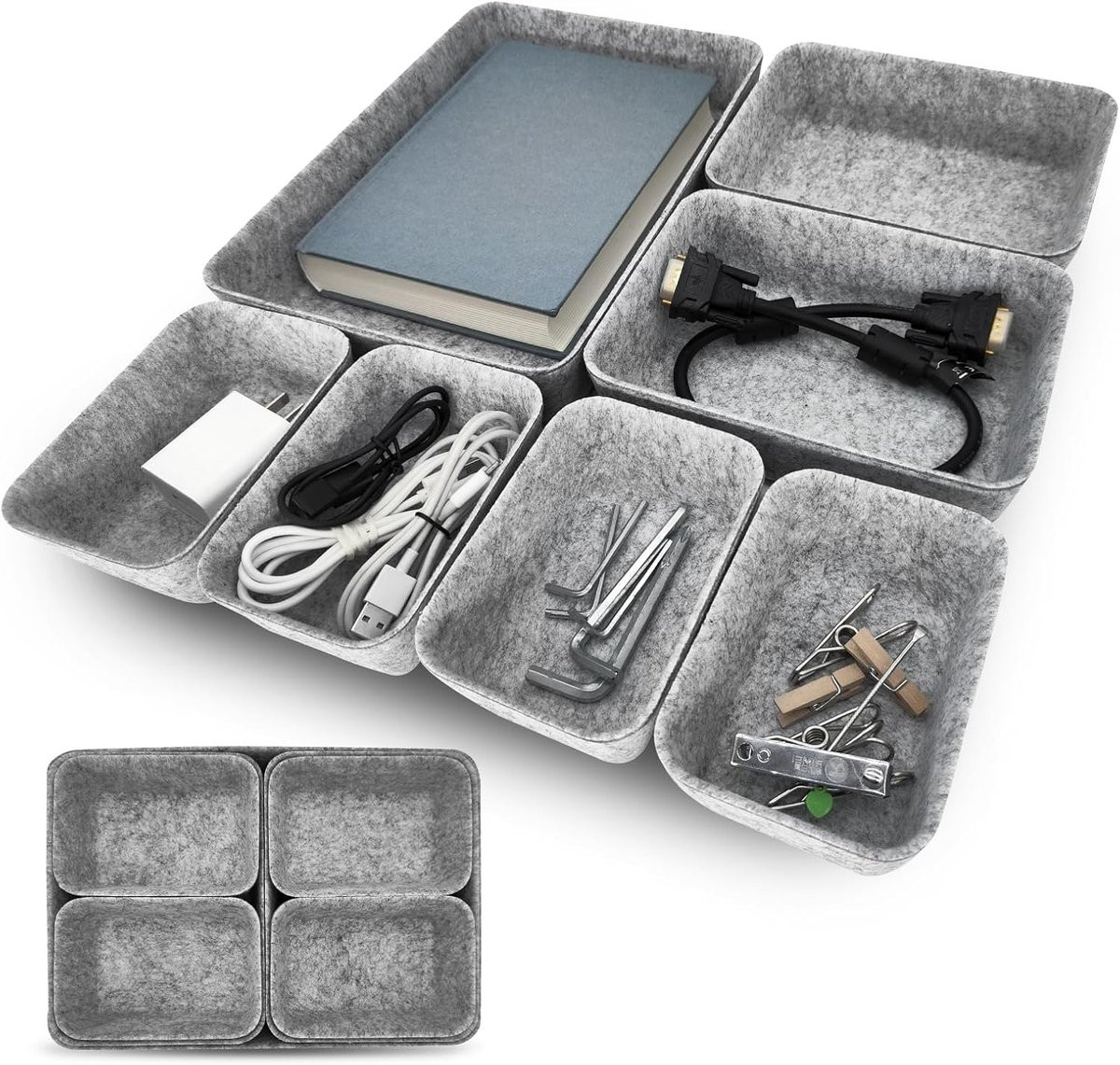SnelShoppen 7-delige Lade Organizer Set van Polyester Vilt, Lichtgrijs, 3 Maten