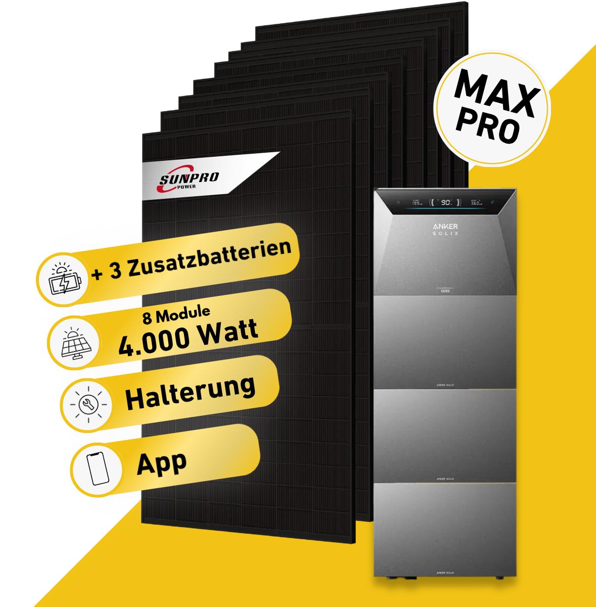 Balkonstrom Balkonkraftwerk 4000W mit Speicher | 3xZusatzspeicher | Fassadenhalterung 90 Grad | 8xSolarmodul Bifazial | Anker Solix 4 Pro |Wieland Kabel 15m