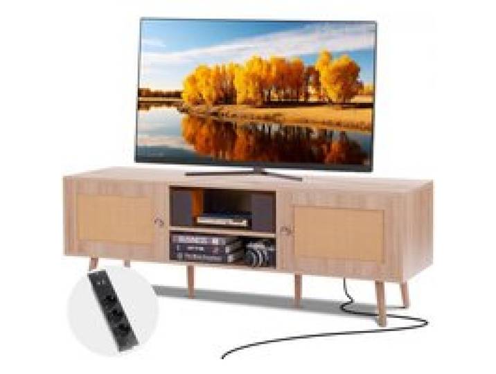 VEVOR Rattan-TV-Ständer, Retro-TV-Schrank für 165 cm Fernseher, Boho-Rattan-Fernsehschrank mit eingebauter Steckdose & USB-Anschlüssen, verstellbare Regale für Wohnzimmer, Medienraum, Eiche