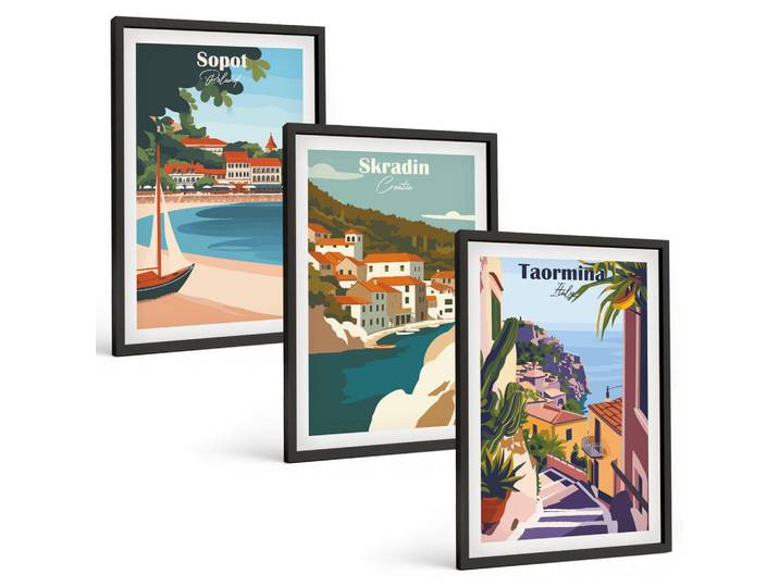 Tulup Bilder SET 3er Set - 40x60 cm Schwarzer Rahmen - Illustrationen von Küstenstädten, Kunststoff, Rechteckig, 40x60 cm, gerahmt, Bilder & Rahmen, Bilder