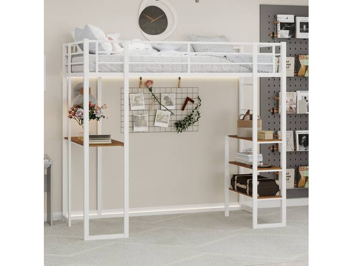 Lit Adulte Rangement Bureau 90x190 Fer Blanc Compact Havrya