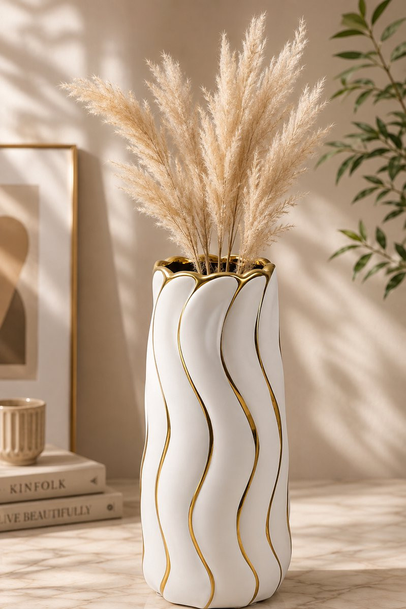 Witte keramische vaas met gouden rand - Moderne boho vaas voor pampas, Hoogte: 19 cm