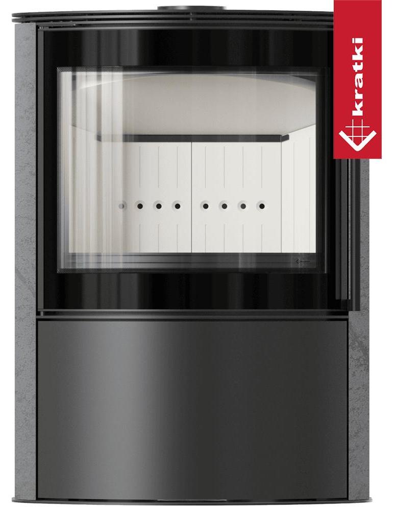 BJORN Ø 150 7 kW freistehender Stahlofen, dekorative GRAY SATIN-Speicherkeramik, Stahlabdeckung