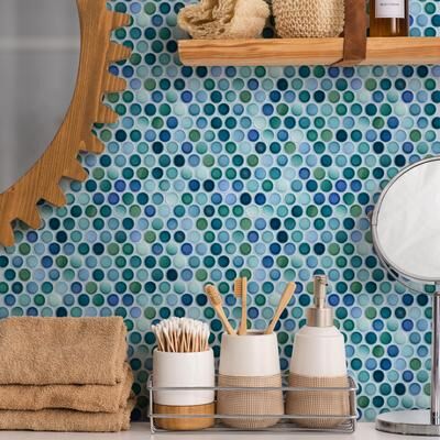 "Merola Tile Hudson Penny Round Aquamarine 11-7/8"" x 12-5/8"" Porcelain Mosaic Floor and Wall Tile"